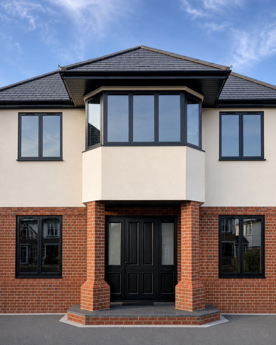 Brick house with bay window above the porch and a black composite front door