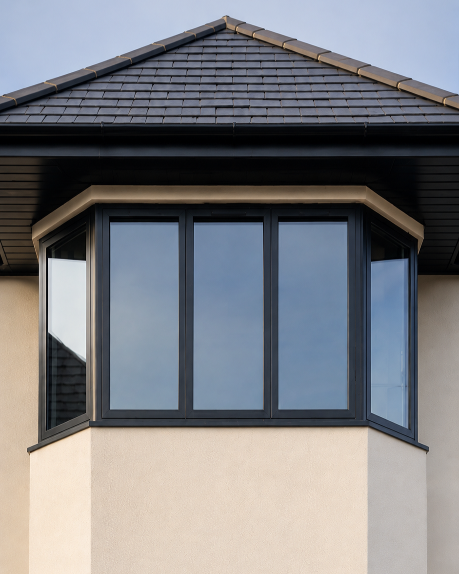 Close-up of the bay window on the brick house