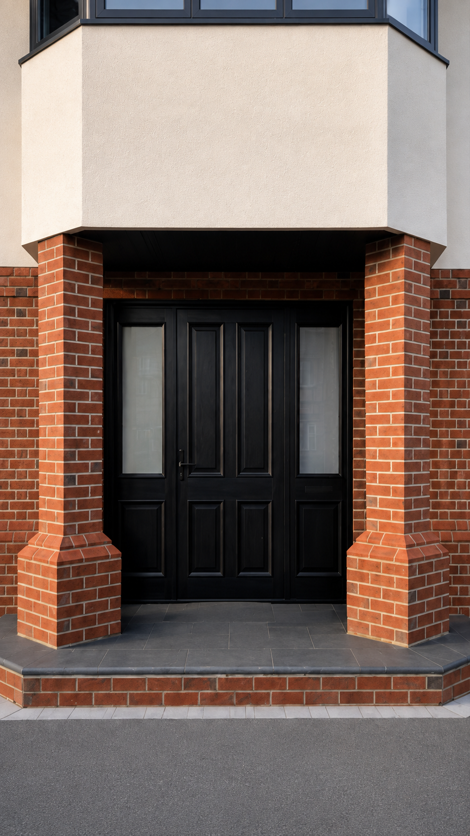 Close-up of the black composite front door on the brick house