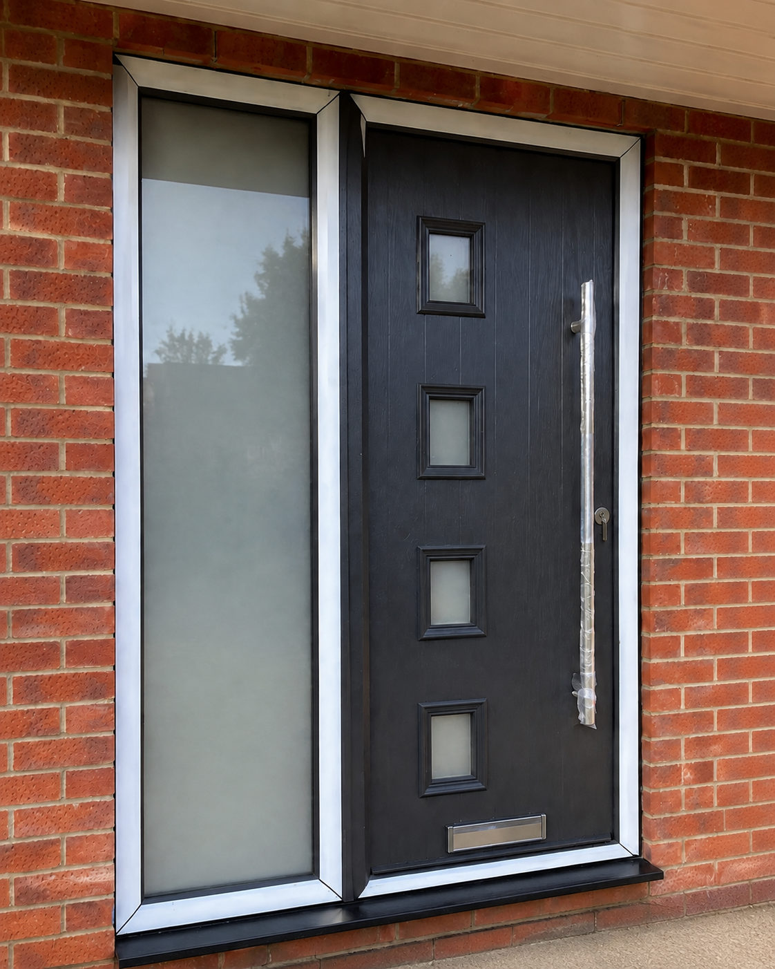 Close-up view of the black composite front door