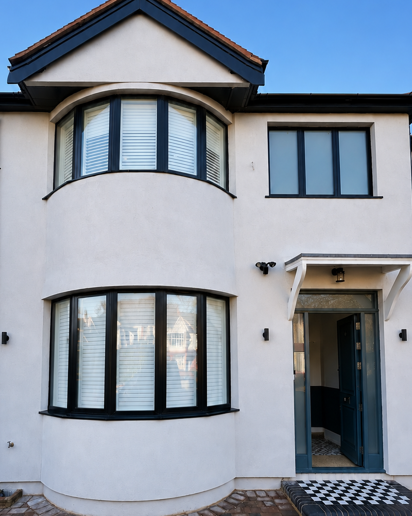 White render house with a curved bay window and open front door