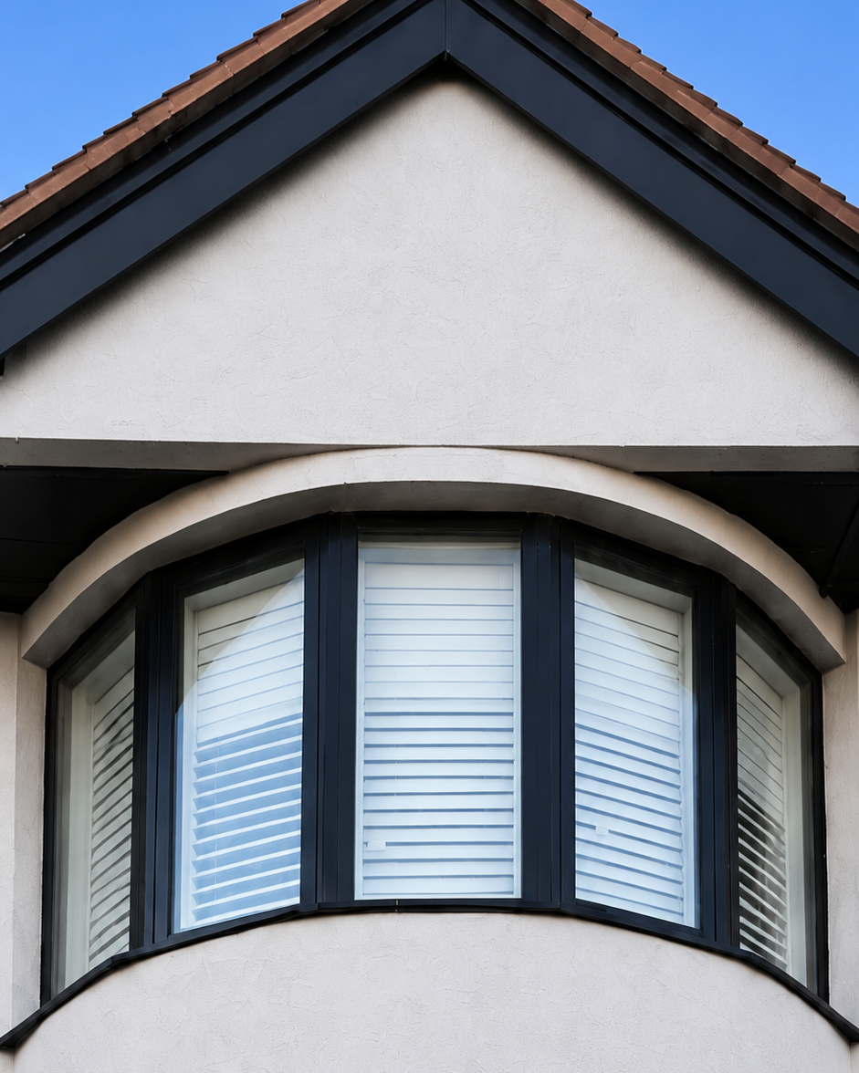 Close-up of the black-framed bay window on the white house