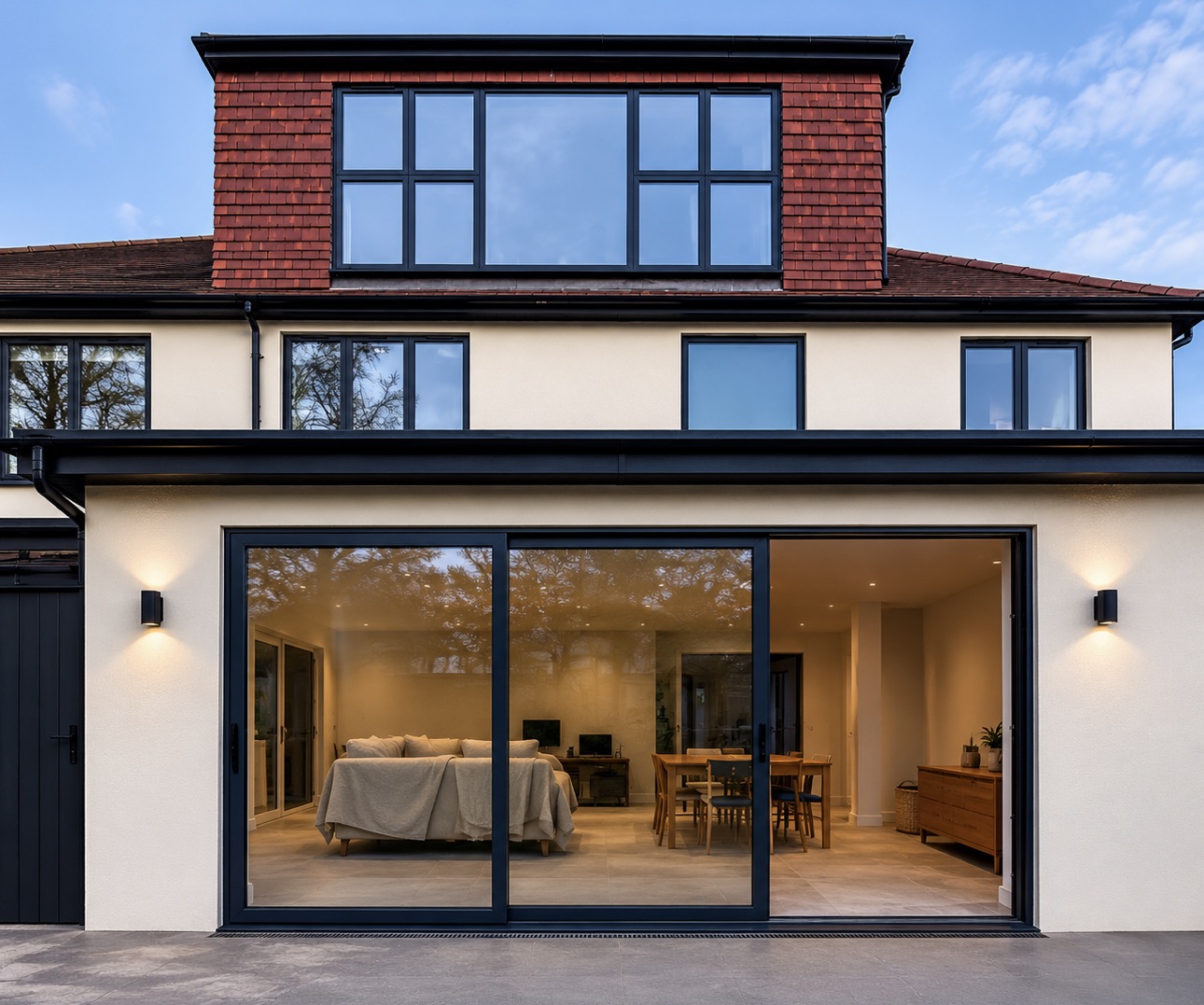 After: black aluminium sliding door and matching dormer window